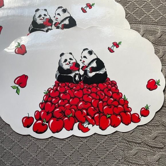 Vintage 70s Funky Panda & Apples Scalloped Vinyl Placemats - Picture 2 of 10